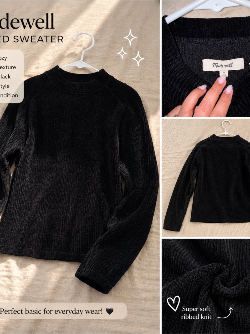 Madewell Black Ribbed Scoop Crewneck Sweater - Picture 2 of 6